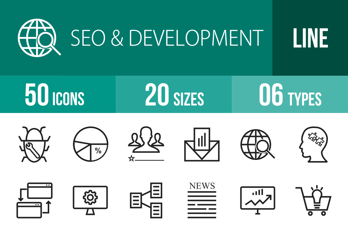 50 SEO & Development Line Icons - Overview - IconBunny