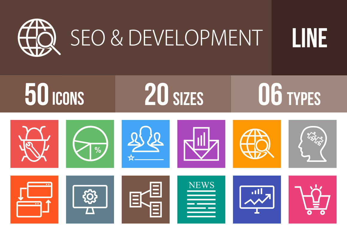 50 SEO & Development Line Multicolor B/G Icons - Overview - IconBunny