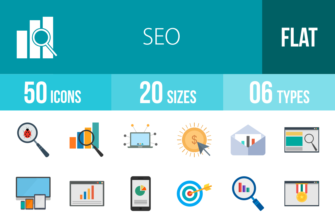 50 SEO Flat Multicolor Icons - Overview - IconBunny
