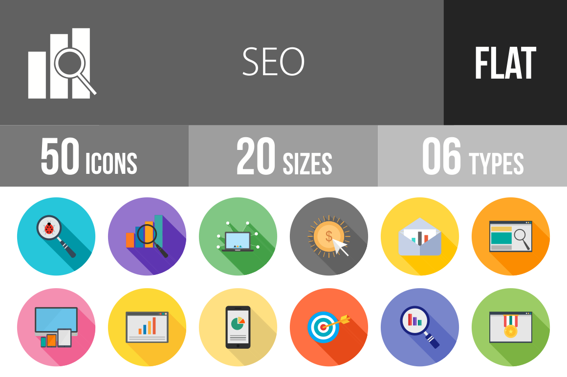 50 SEO Flat Shadowed Icons - Overview - IconBunny