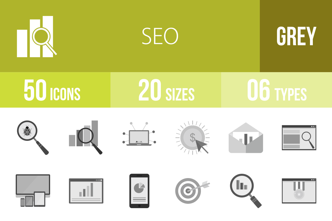 50 SEO Greyscale Icons - Overview - IconBunny