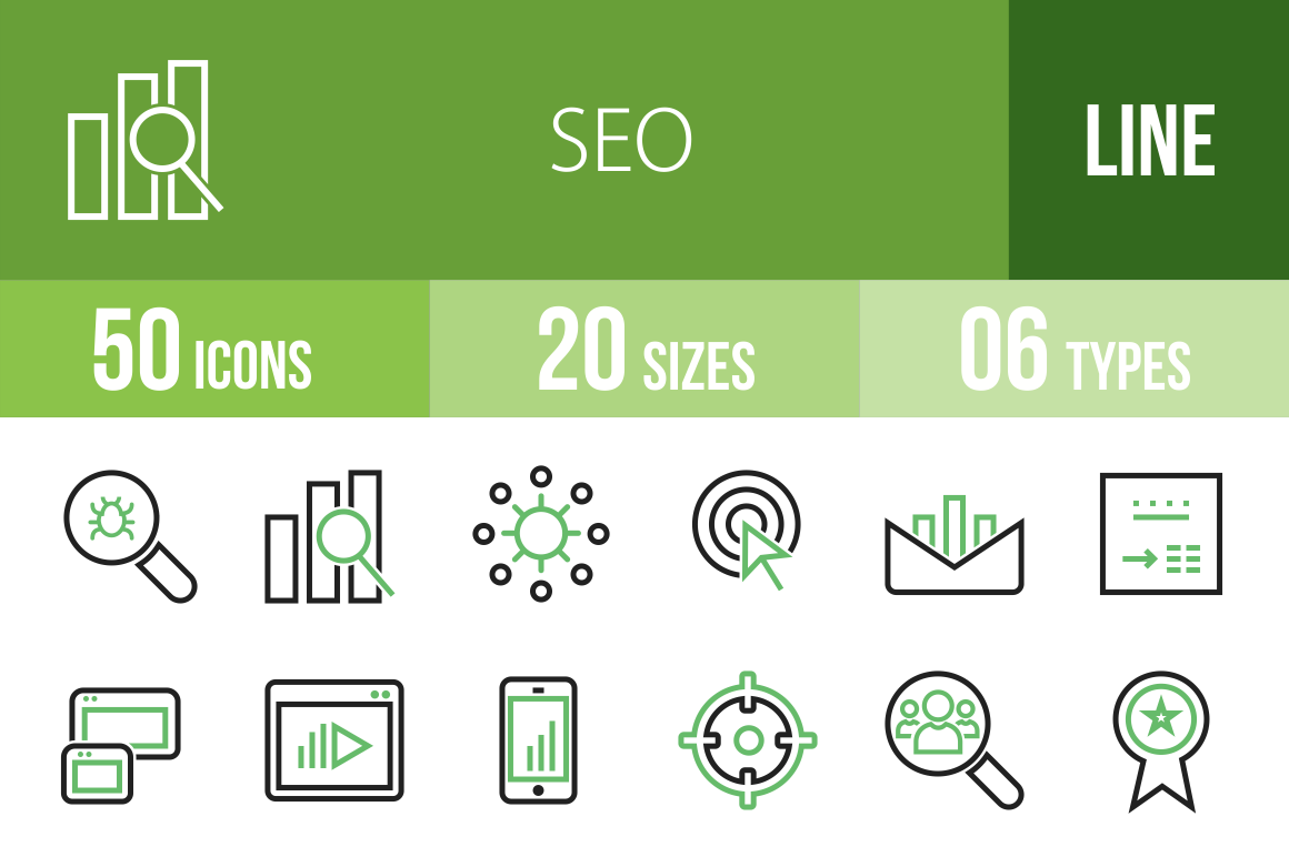 50 SEO Line Green & Black Icons - Overview - IconBunny