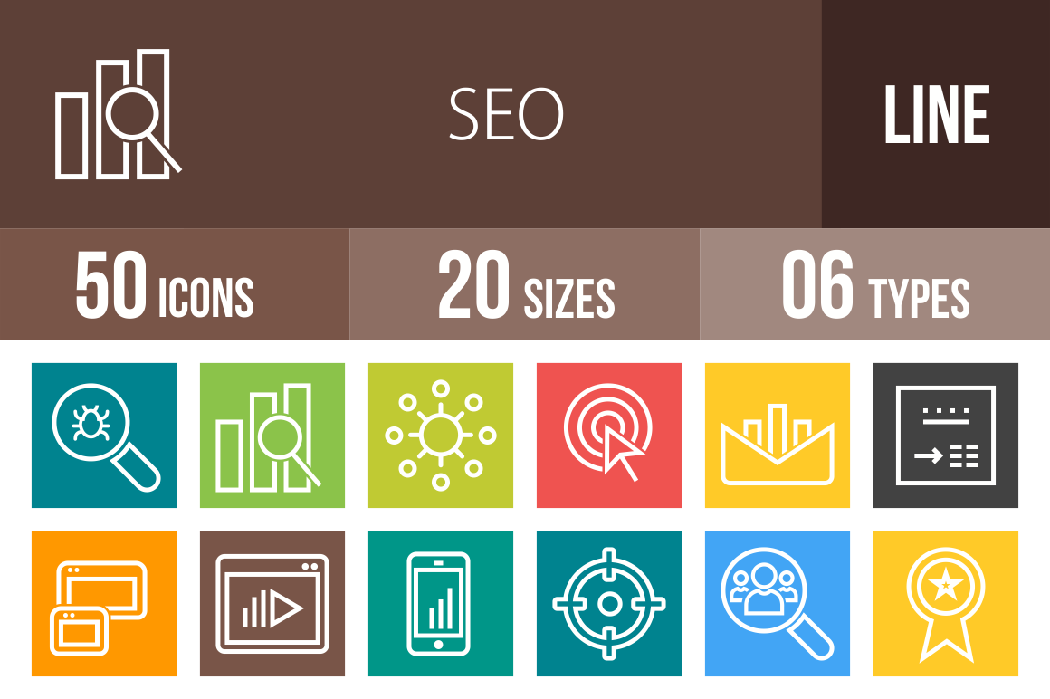 50 SEO Line Multicolor B/G Icons - Overview - IconBunny