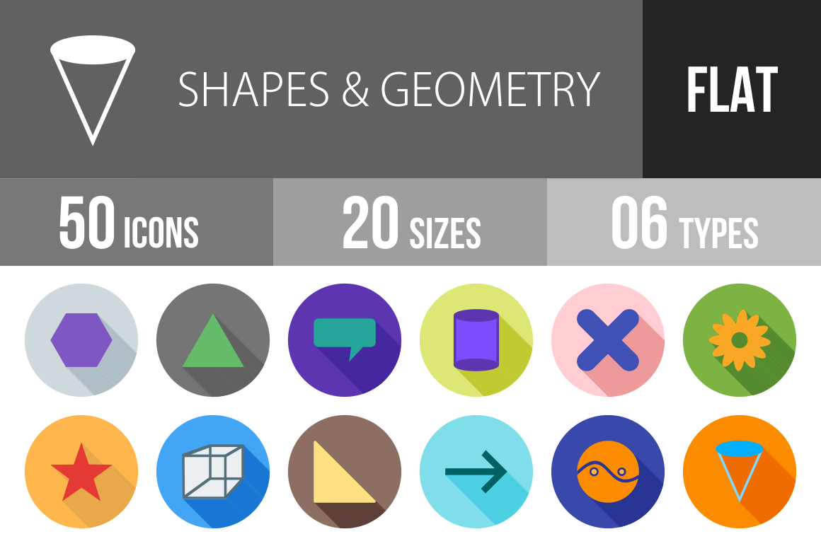50 Shapes & Geometry Flat Shadowed Icons - Overview - IconBunny