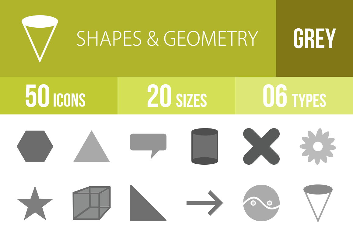 50 Shapes & Geometry Greyscale Icons - Overview - IconBunny