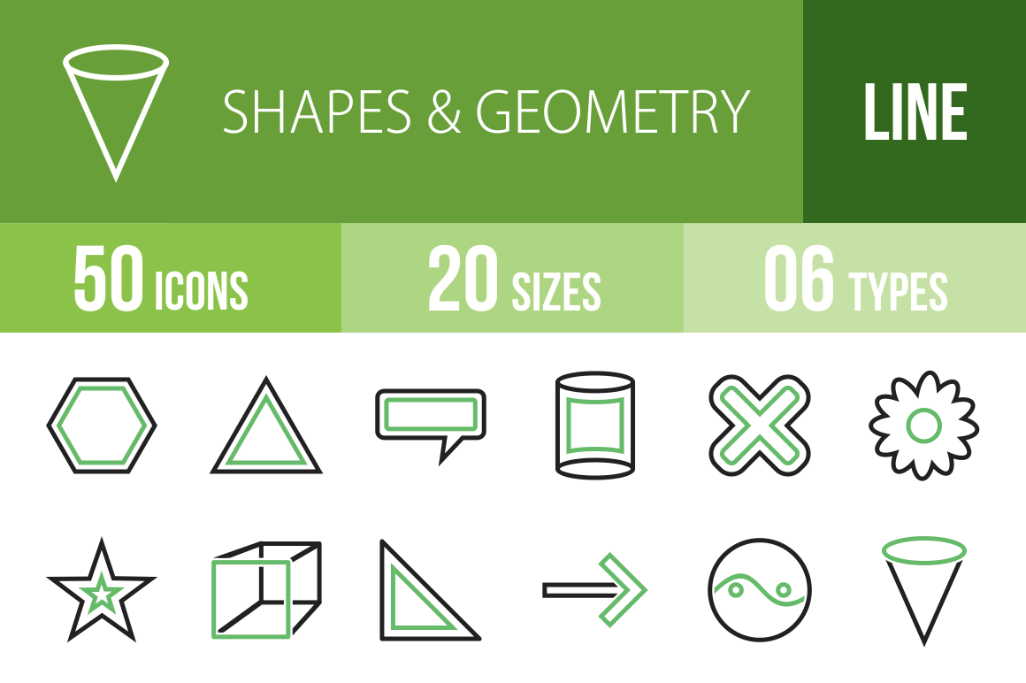 50 Shapes & Geometry Line Green & Black Icons - Overview - IconBunny