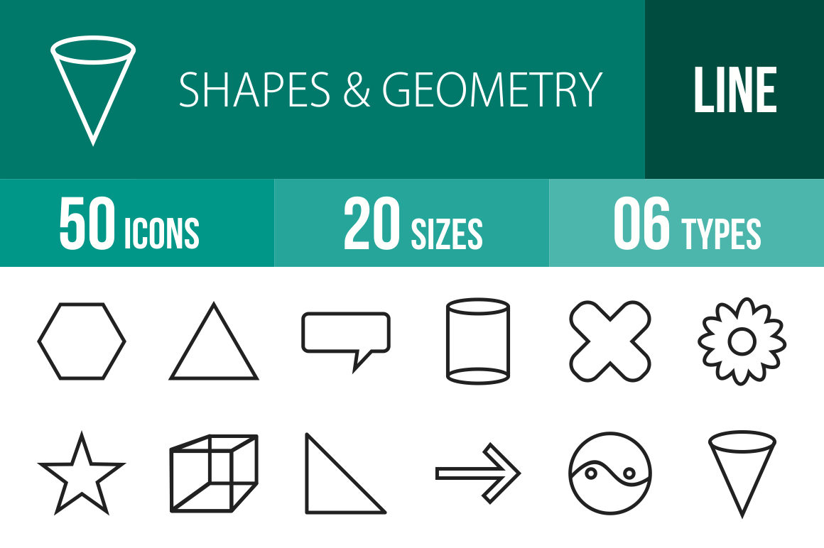 50 Shapes & Geometry Line Icons - Overview - IconBunny