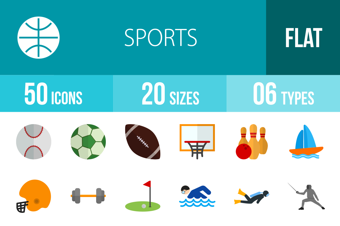 50 Sports Flat Multicolor Icons - Overview - IconBunny