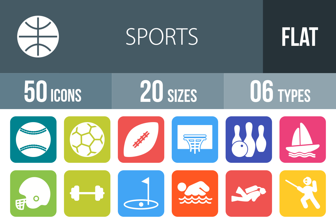 50 Sports Flat Round Corner Icons - Overview - IconBunny