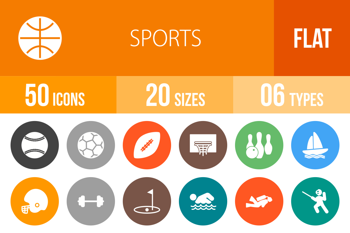 50 Sports Flat Round Icons - Overview - IconBunny