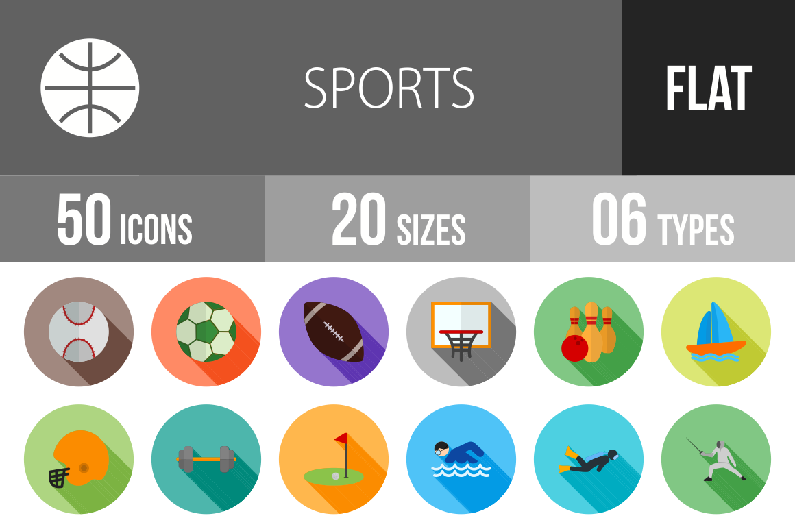 50 Sports Flat Shadowed Icons - Overview - IconBunny