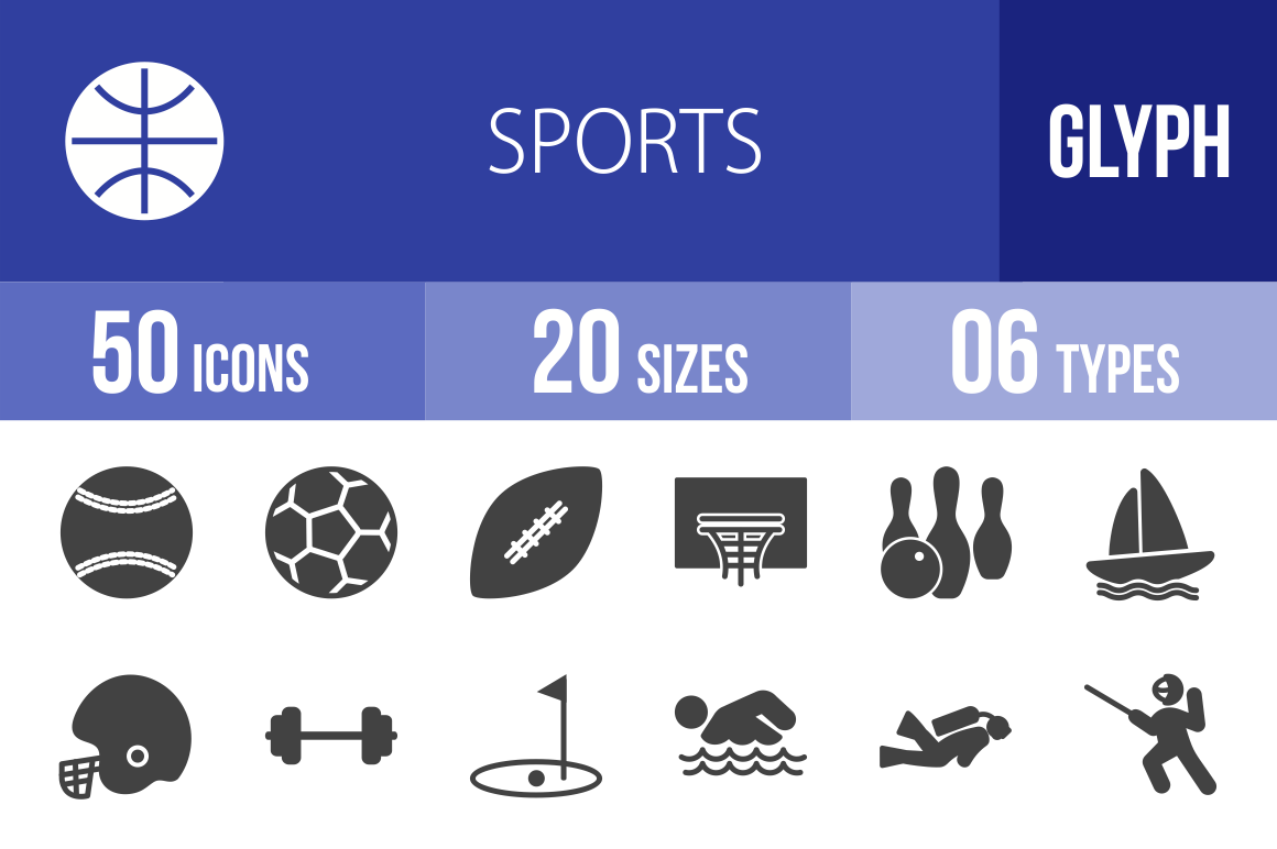 50 Sports Glyph Icons - Overview - IconBunny