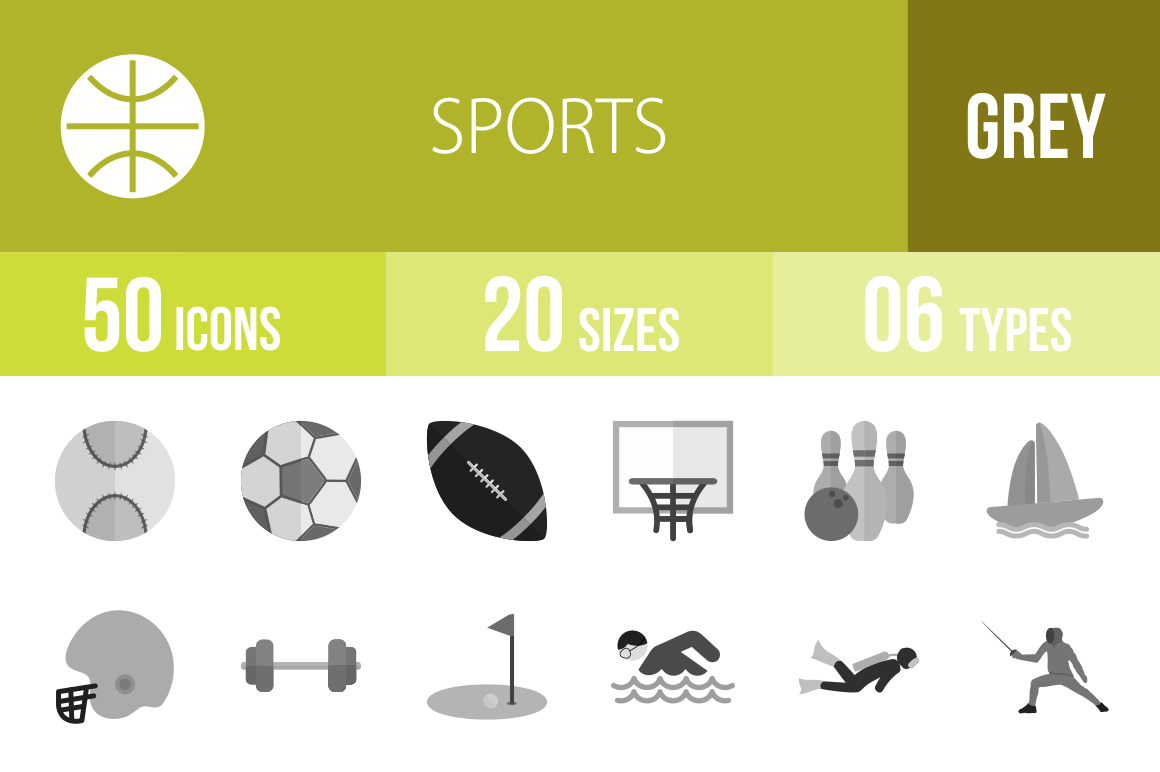 50 Sports Greyscale Icons - Overview - IconBunny