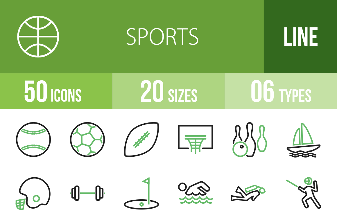50 Sports Line Green & Black Icons - Overview - IconBunny