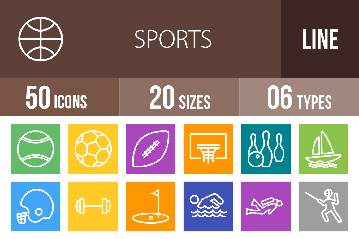 50 Sports Line Multicolor B/G Icons - Overview - IconBunny