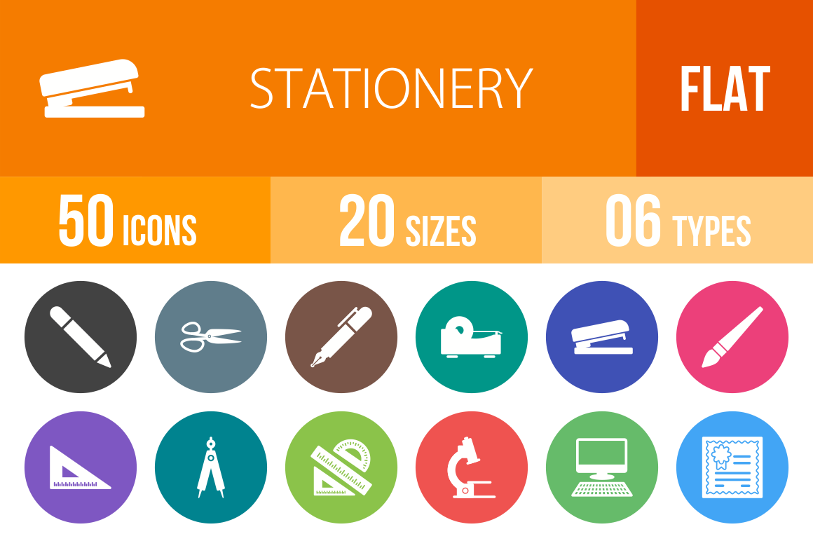 50 Stationery Flat Round Icons - Overview - IconBunny