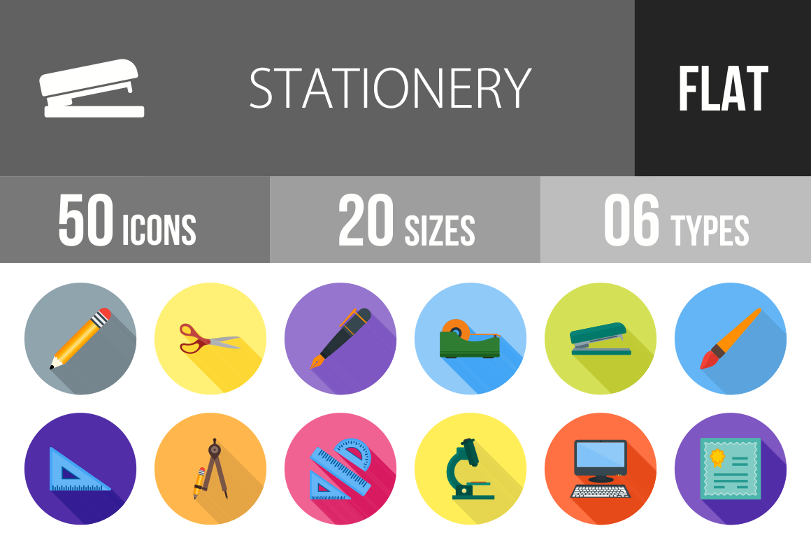 50 Stationery Flat Shadowed Icons - Overview - IconBunny