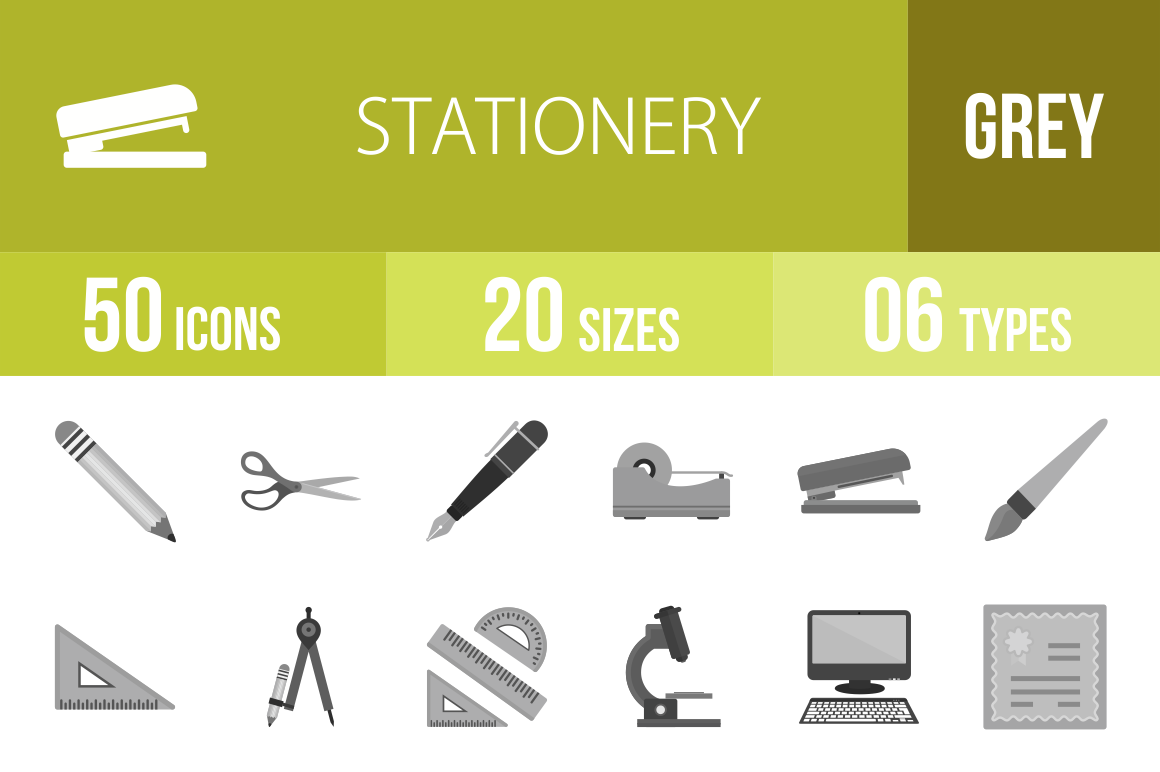 50 Stationery Greyscale Icons - Overview - IconBunny