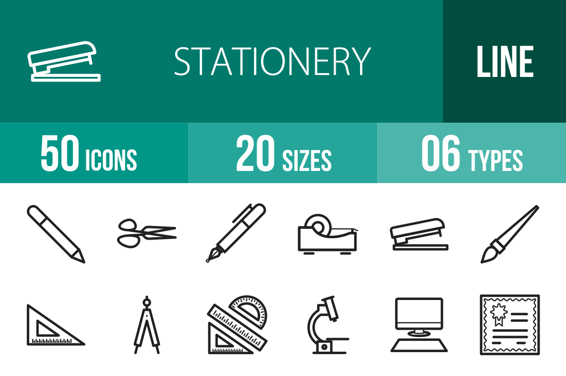 50 Stationery Line Icons - Overview - IconBunny