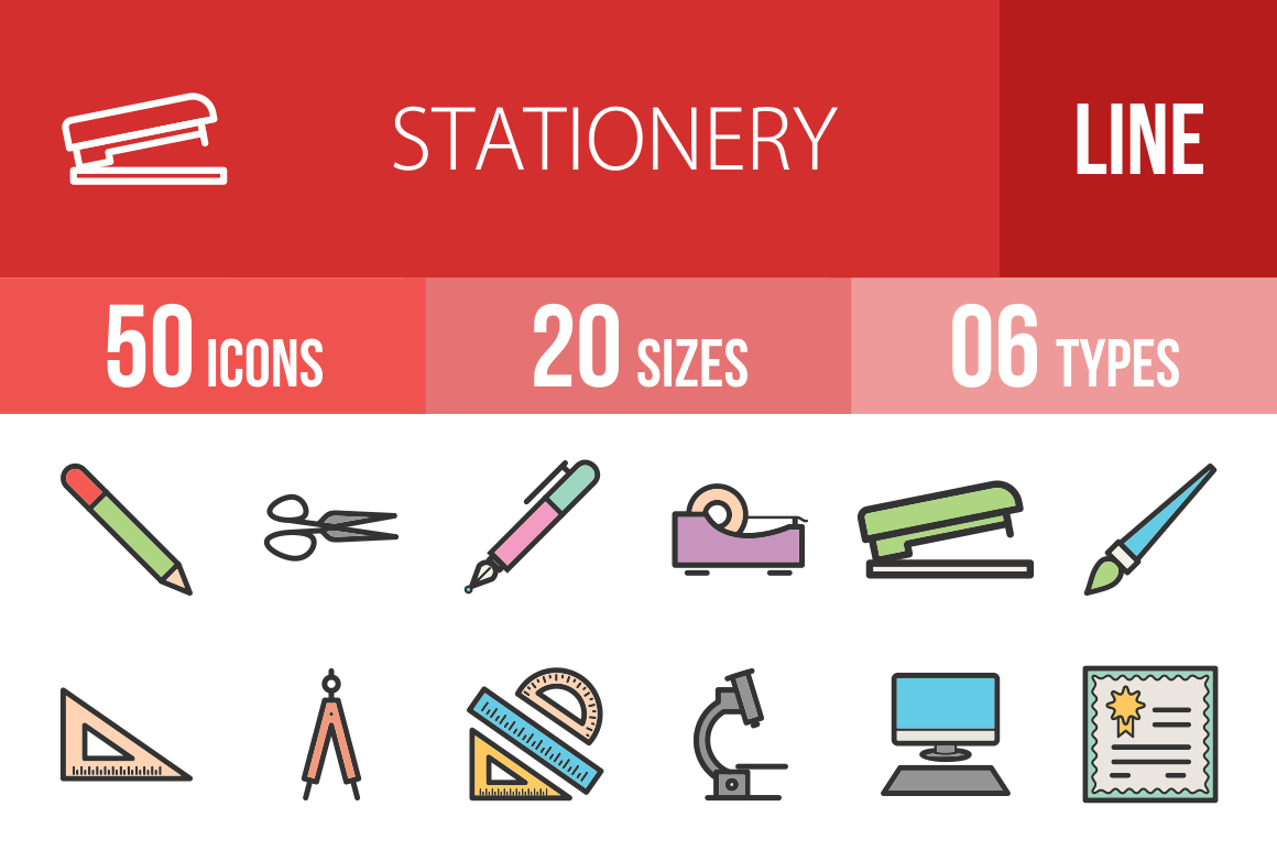 50 Stationery Line Multicolor Filled Icons - Overview - IconBunny