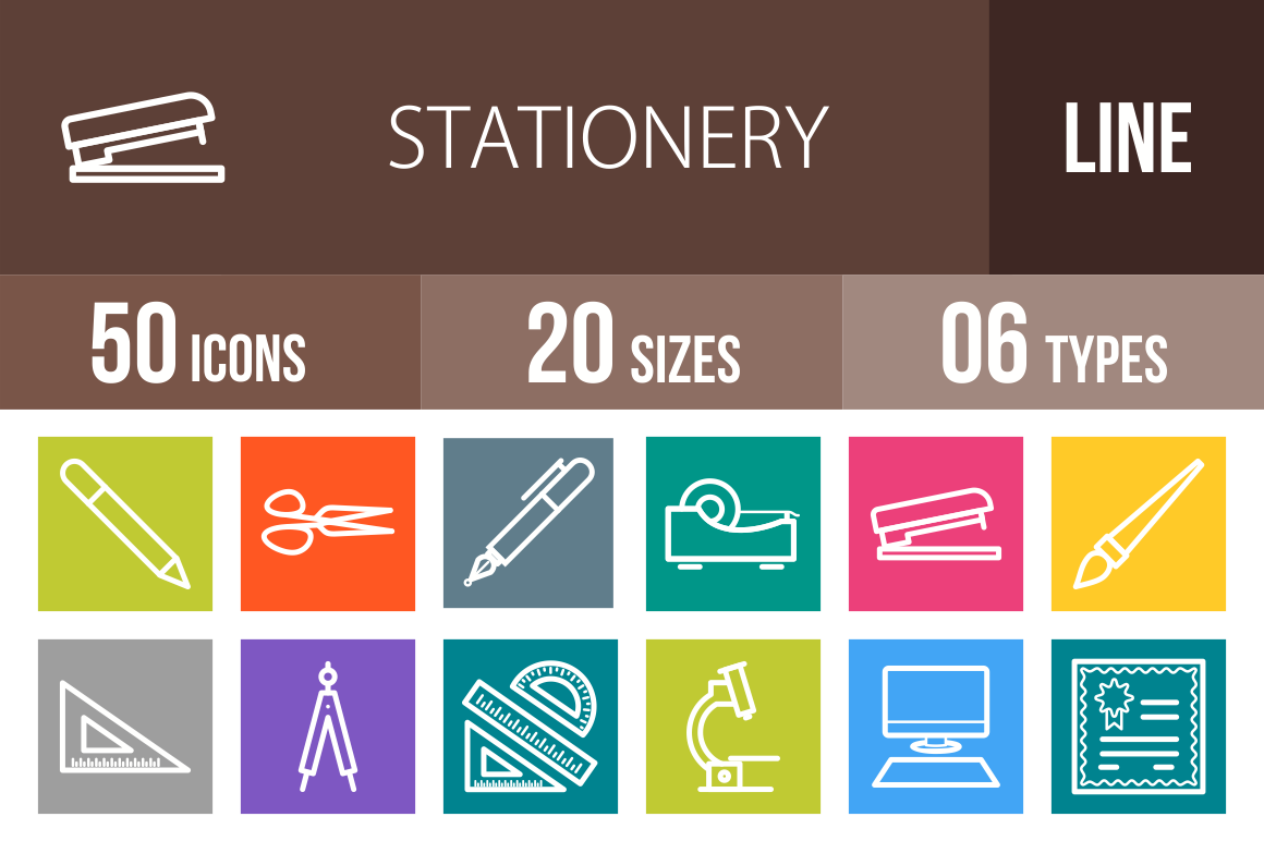 50 Stationery Line Multicolor B/G Icons - Overview - IconBunny