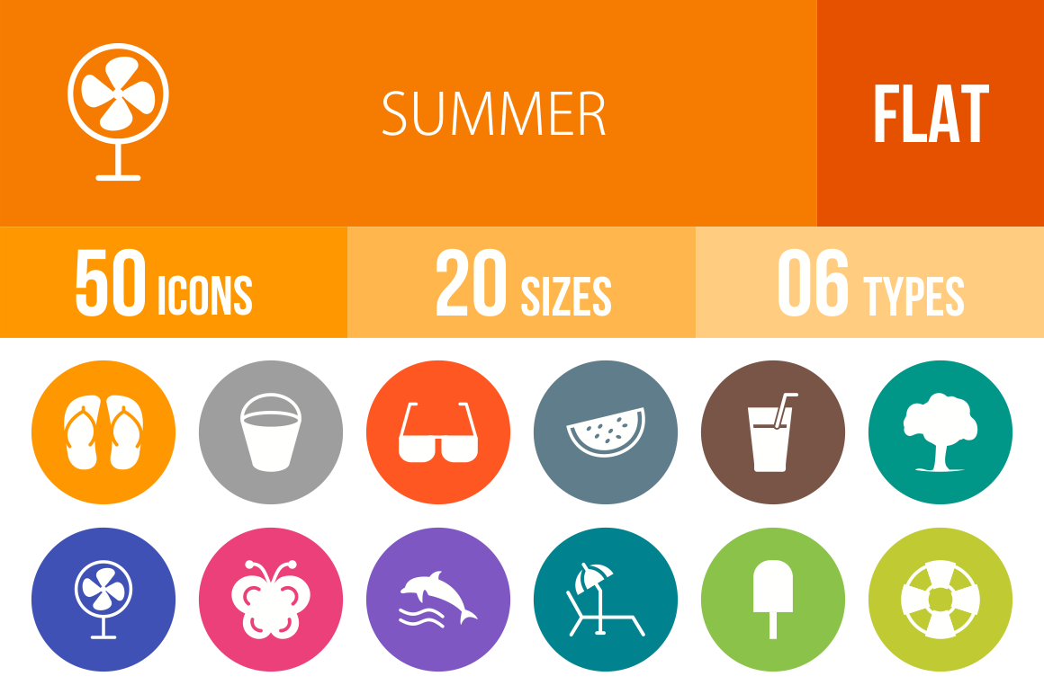 50 Summer Flat Round Icons - Overview - IconBunny