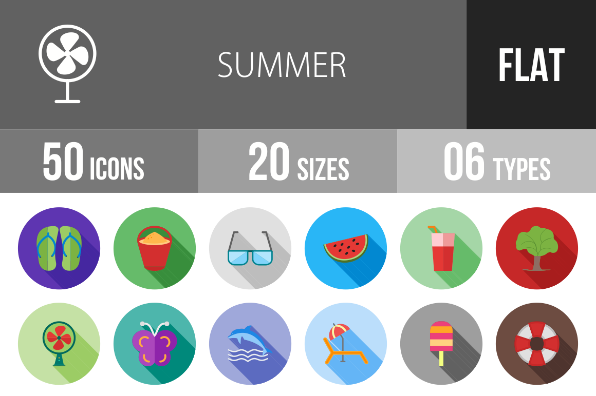 50 Summer Flat Shadowed Icons - Overview - IconBunny