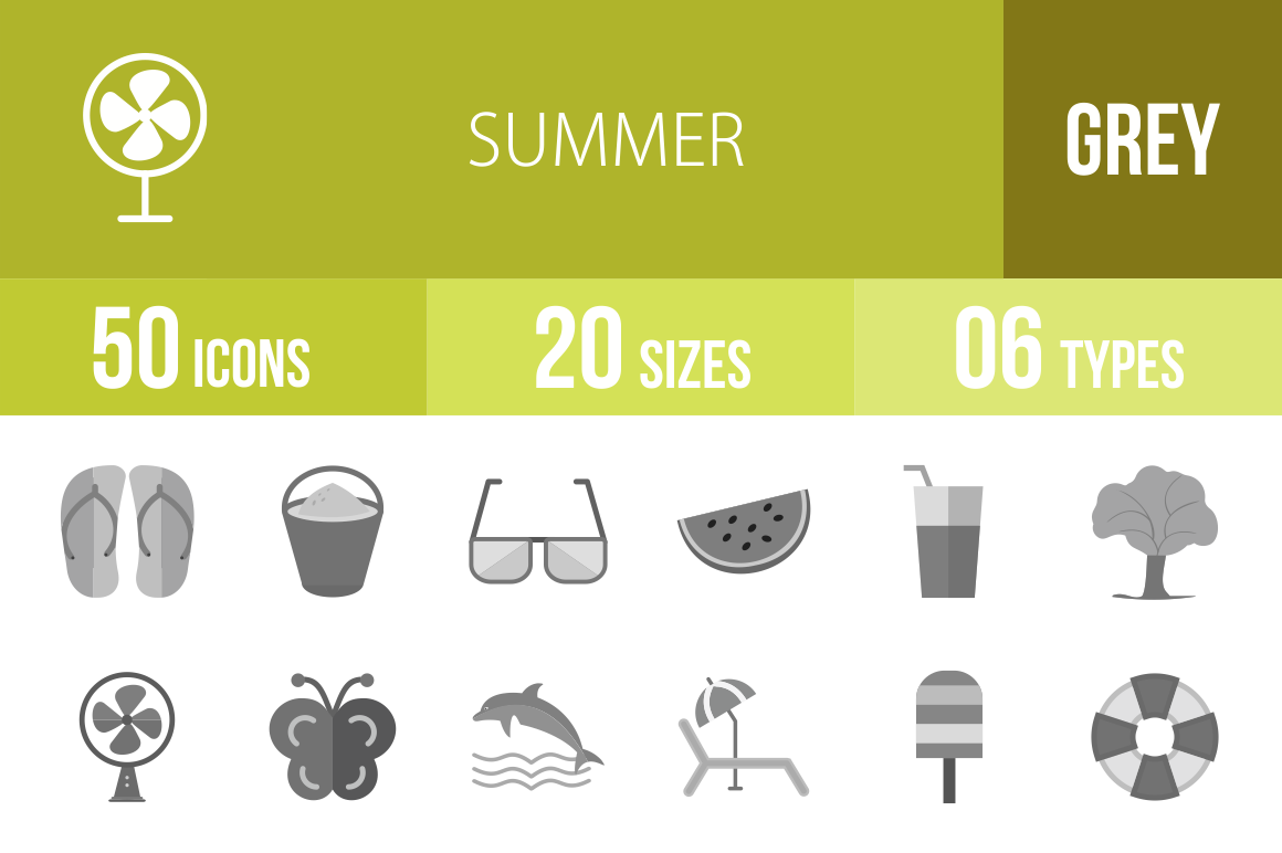 50 Summer Greyscale Icons - Overview - IconBunny