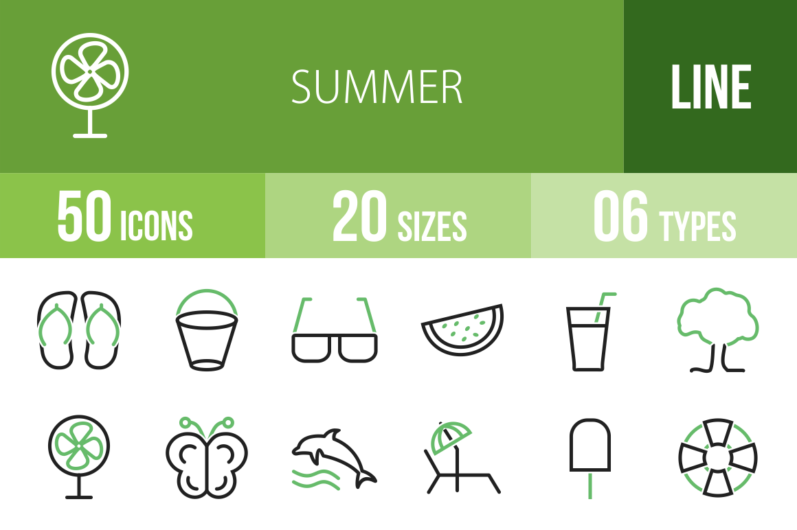 50 Summer Line Green & Black Icons - Overview - IconBunny