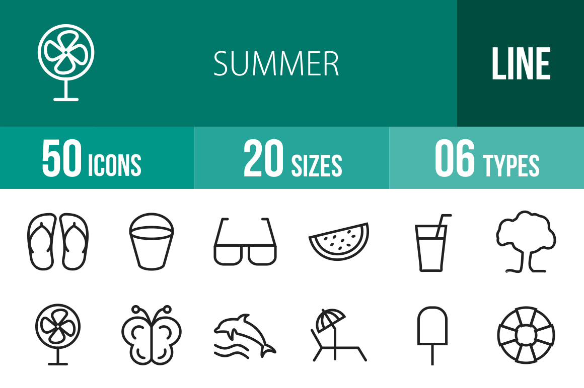 50 Summer Line Icons - Overview - IconBunny