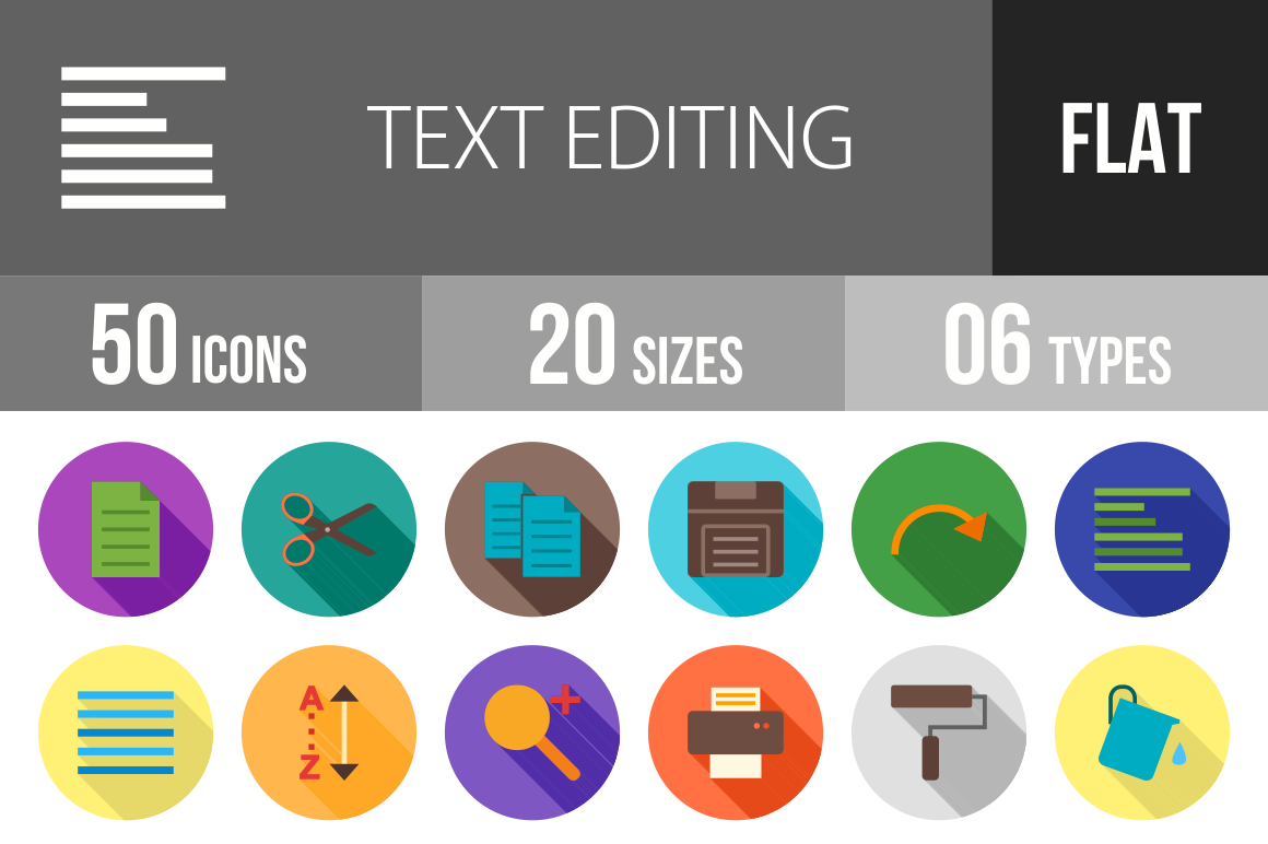 50 Text Editing Flat Shadowed Icons - Overview - IconBunny