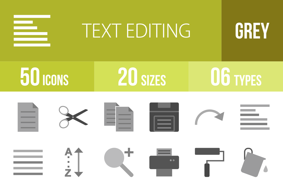 50 Text Editing Greyscale Icons - Overview - IconBunny
