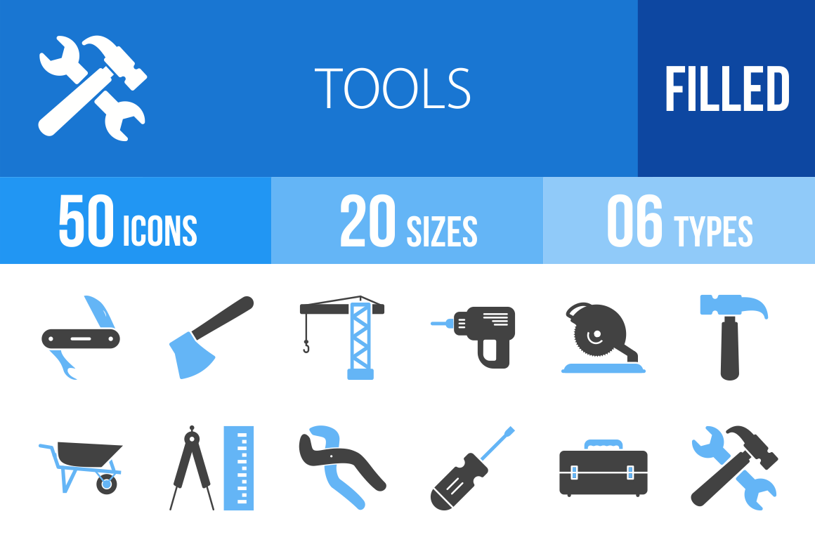 50 Tools Blue Black Icons - Overview - IconBunny