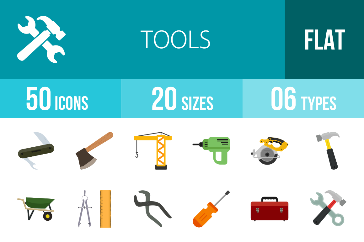 50 Tools Flat Multicolor Icons - Overview - IconBunny