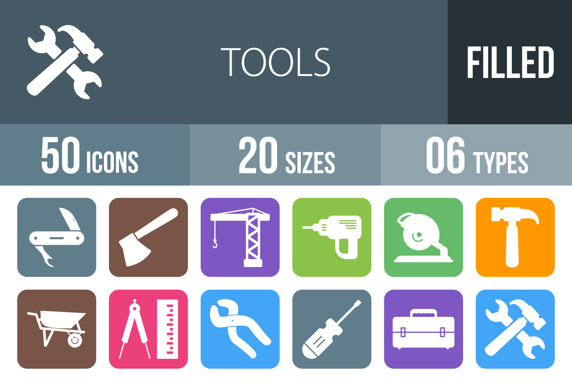 50 Tools Flat Round Corner Icons - Overview - IconBunny