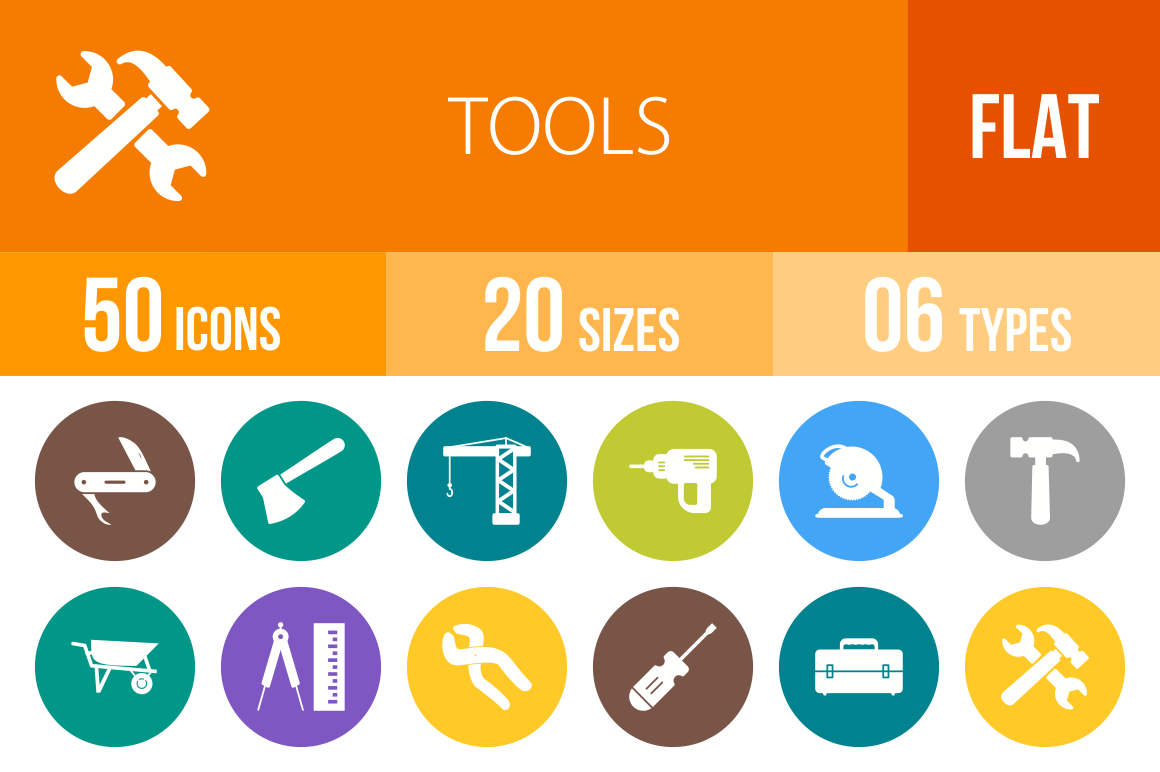 50 Tools Flat Round Icons - Overview - IconBunny