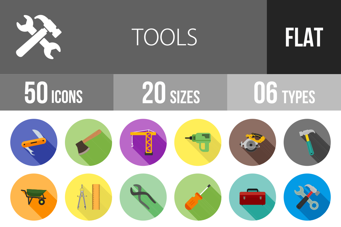 50 Tools Flat Shadowed Icons - Overview - IconBunny