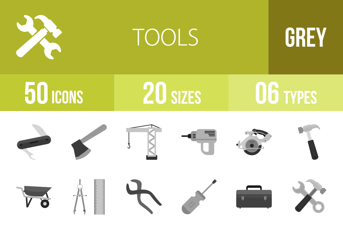 50 Tools Greyscale Icons - Overview - IconBunny