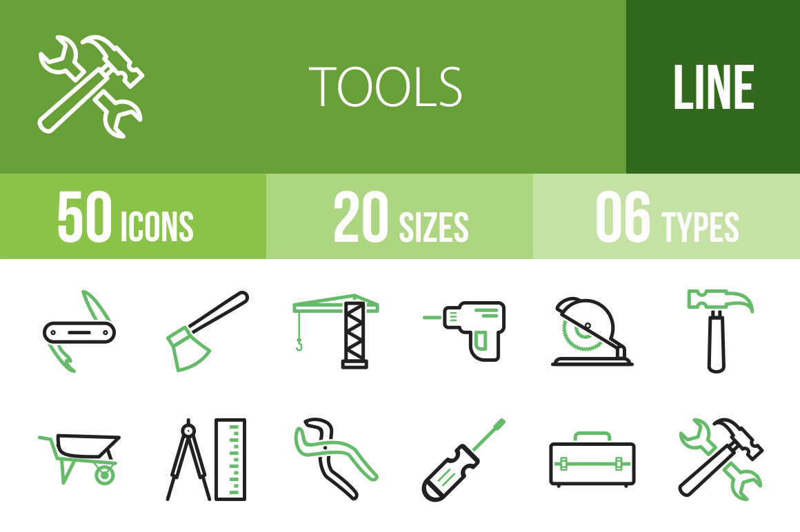 50 Tools Line Green Black Icons - Overview - IconBunny