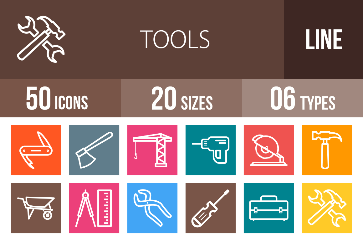 50 Tools Line Multicolor B/G Icons - Overview - IconBunny