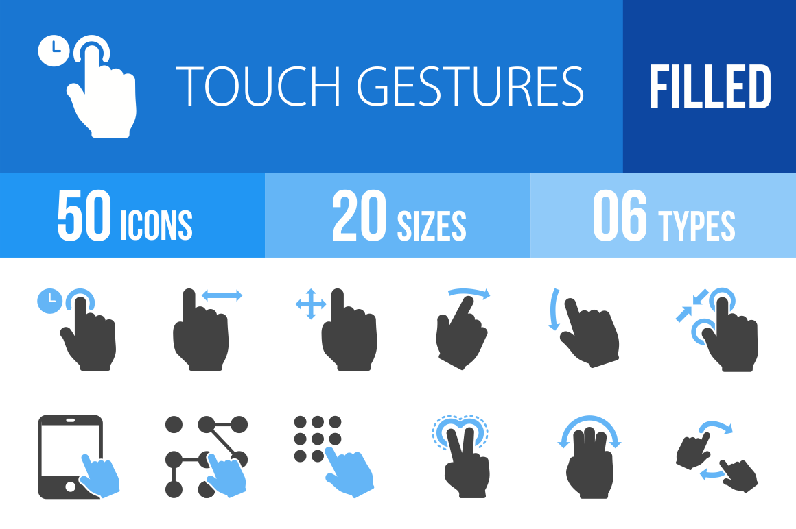 50 Touch Gestures Blue Black Icons - Overview - IconBunny