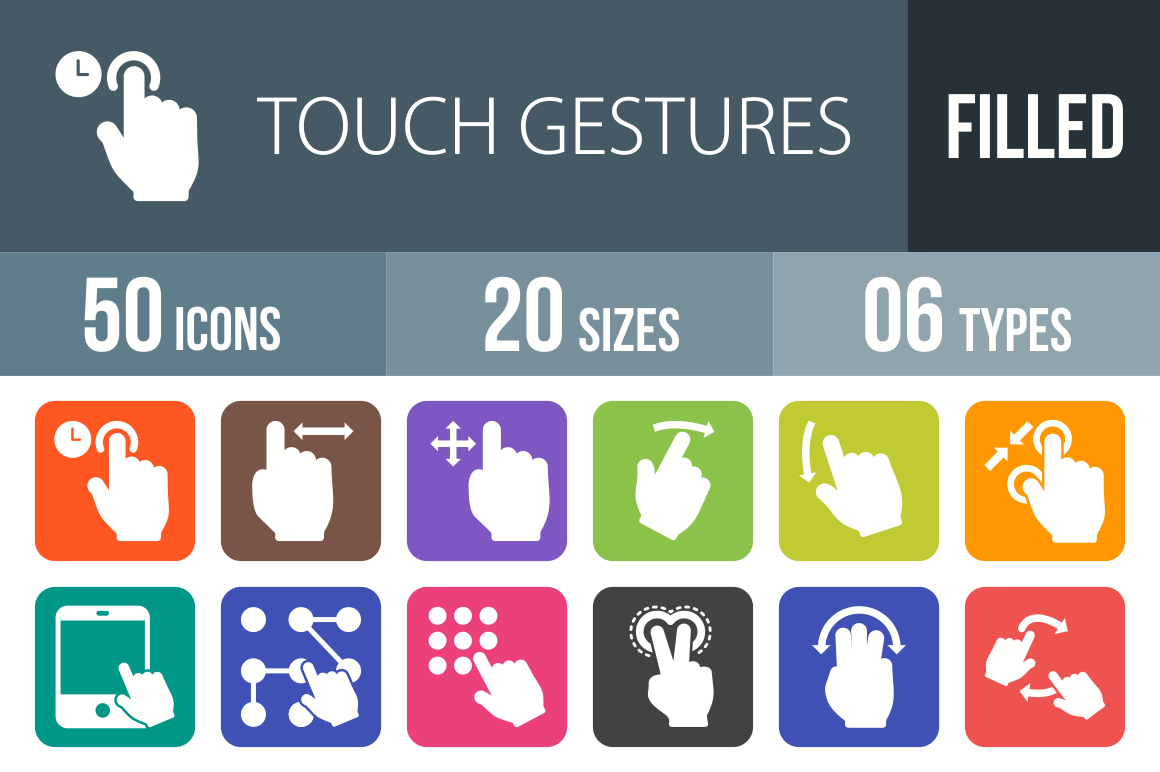 50 Touch Gestures Flat Round Corner Icons - Overview - IconBunny