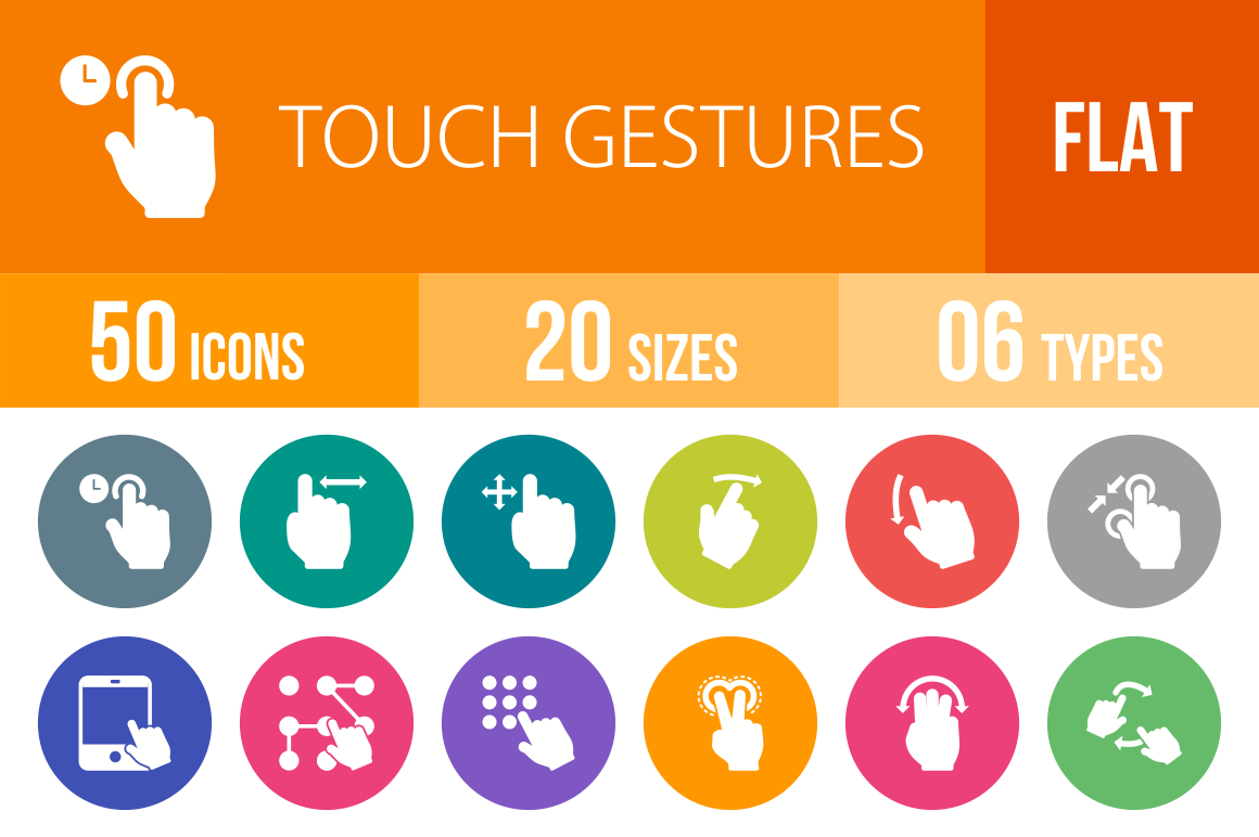 50 Touch Gestures Flat Round Icons - Overview - IconBunny