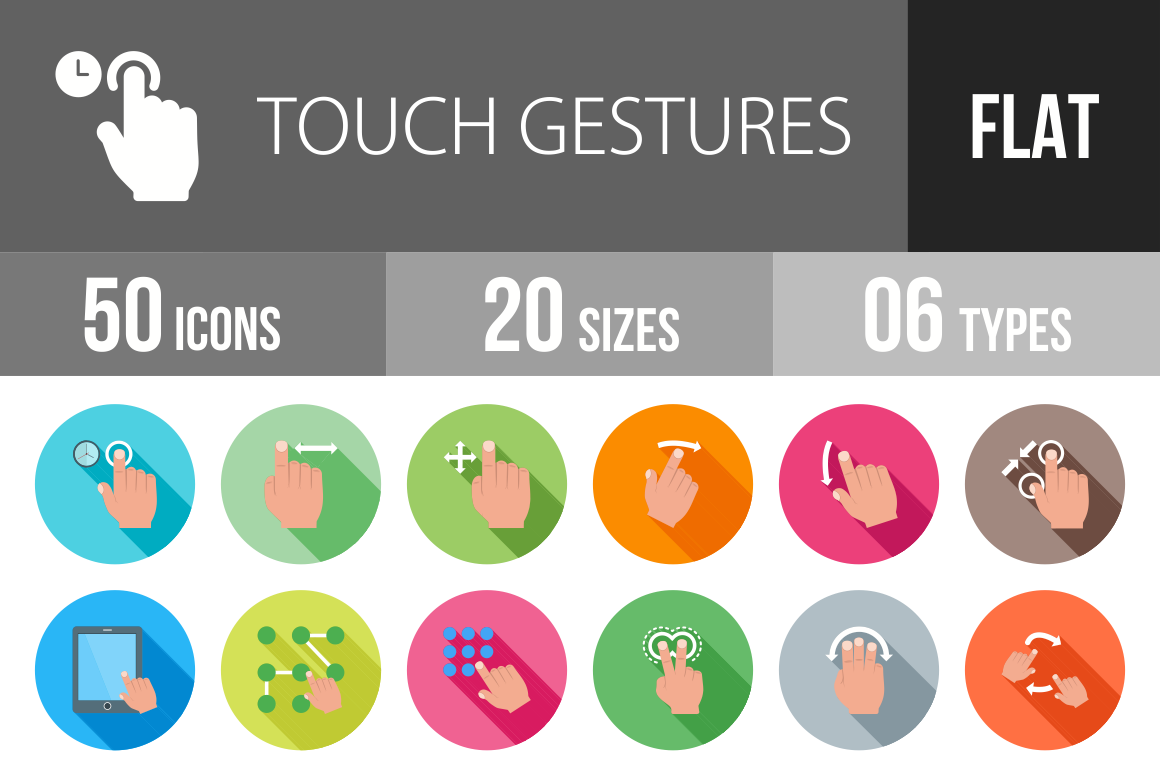 50 Touch Gestures Flat Shadowed Icons - Overview - IconBunny