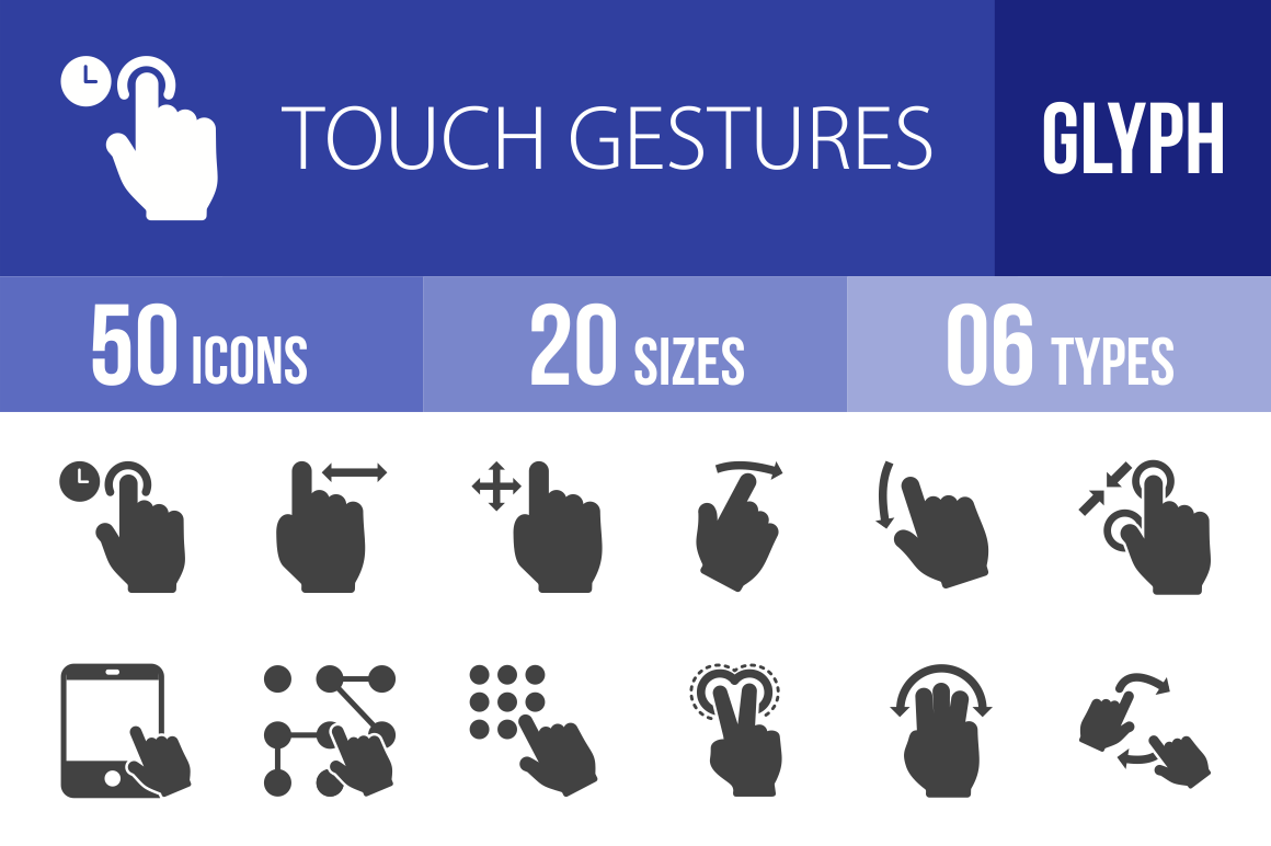 50 Touch Gestures Glyph Icons - Overview - IconBunny