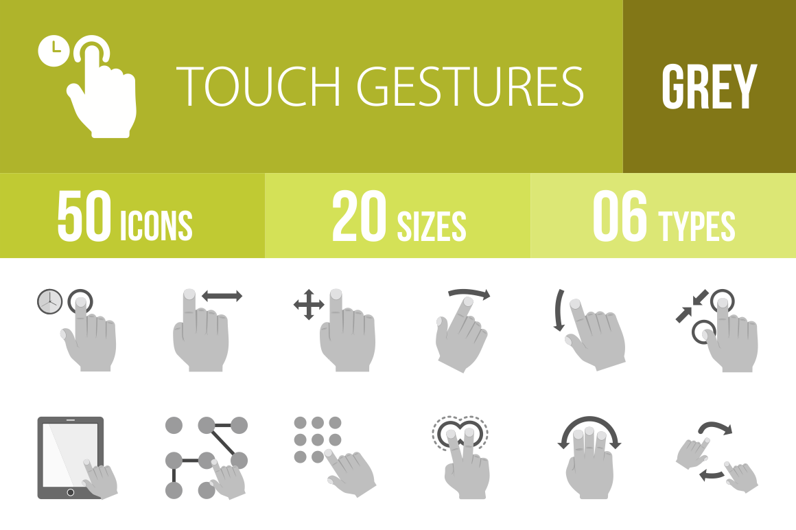 50 Touch Gestures Greyscale Icons - Overview - IconBunny