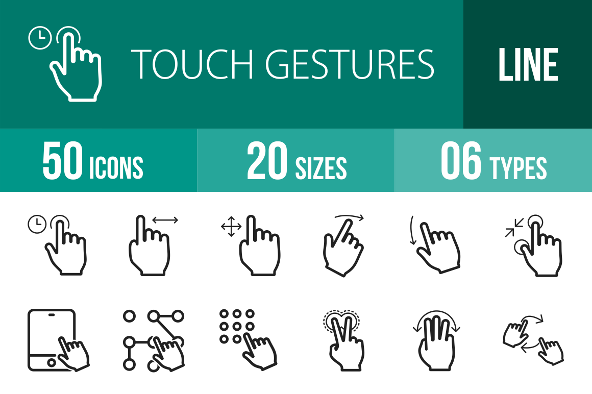 50 Touch Gestures Line Icons - Overview - IconBunny