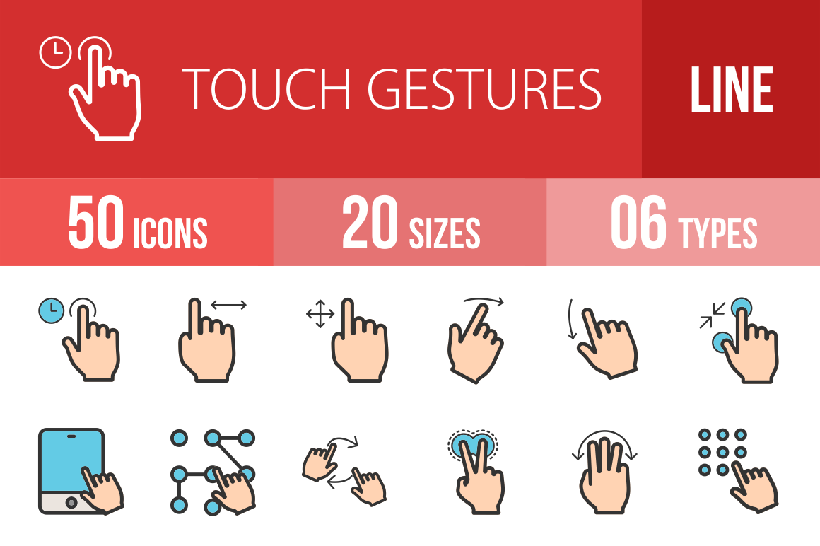 50 Touch Gestures Line Multicolor Filled Icons - Overview - IconBunny