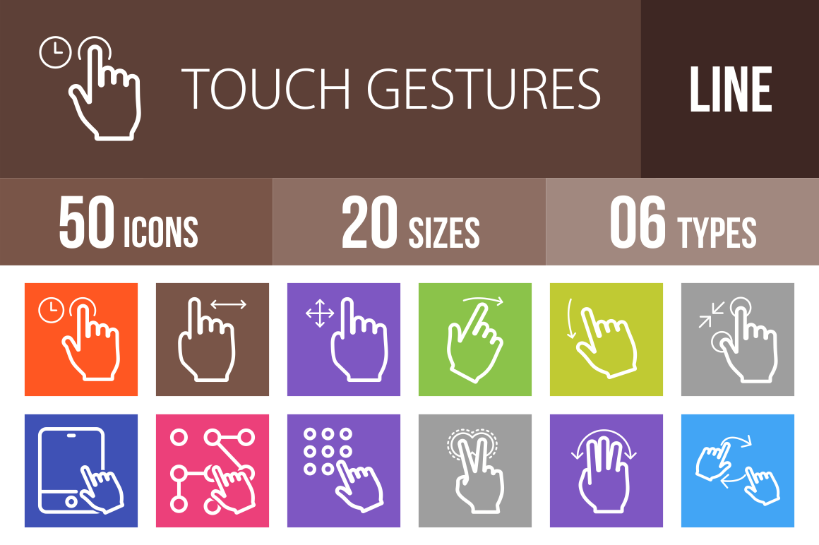 50 Touch Gestures Line Multicolor B/G Icons - Overview - IconBunny