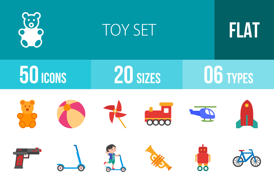 50 Toy Set Flat Multicolor Icons - Overview - IconBunny